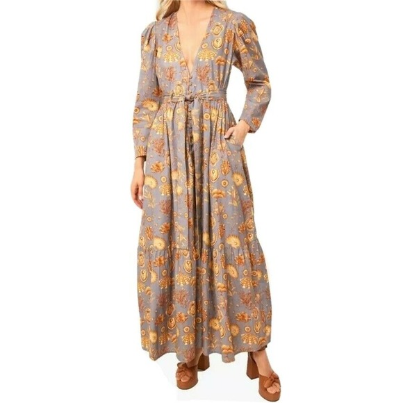 Anthropologie Carolina K Corals Gray Ori Robe Long Sleeve Maxi Dress Size XS NWT - Picture 2 of 10